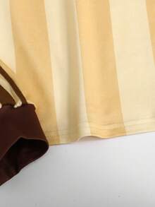 SHEIN Tween女孩秋冬休閒復古學院風黃色與棕色條紋印花POLO領小Logo印花織帶裝飾寬鬆長袖衛衣與配套織帶寬腿直筒運動褲套裝 - 黃色 - 查看 12