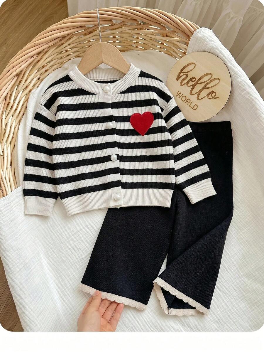 SHEIN Baby Girl Round Neck Long Sleeve Sweater And Autumn Pants Set - Black - View 1
