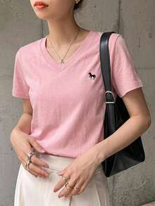 DAZY Women V-Neck Embroidered Short Sleeve Casual T-Shirt - Pink - View 1