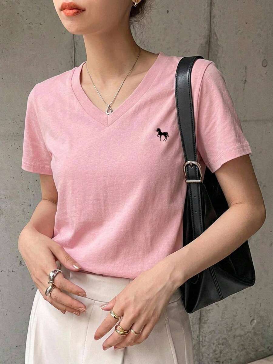 DAZY Women V-Neck Embroidered Short Sleeve Casual T-Shirt - Pink - View 1