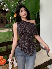 Modelyn 女款黃色碎花不對稱領抓皺百褶極簡性感度假襯衫 - 黑色 - 查看 3