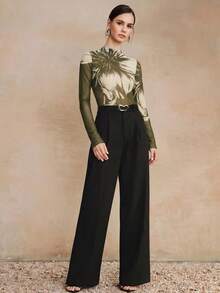 Anewsta Elegant Elegant Slim Fit Semi-High Neck Coffee Brown T-Shirt Women Long Sleeve Premium Vintage Print Mesh Base Layer Top - Army Green - View 5