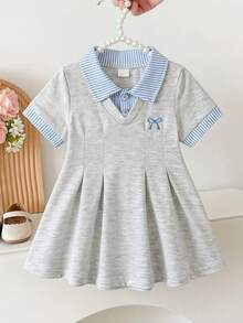Souflis Souflis 1pc Toddler Kid Girl Preppy Striped Patchwork Polo Collar Bow Short Sleeve Pleated Soft A-Line Dress For School Daily Party Summer Casual Outfit - Baby Blue - View 3