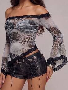 ROMWE Animal Print Grey Leopard Print Gradient Hippie Music Festival Vintage Sexy Lace Off-Shoulder Blouse For Women Night Out Summer - Grey - View 1