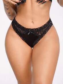 AltBold 1 Stück Damen Spitzen-Patchwork-String - Schwarz - Übersicht 3