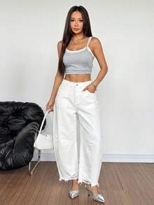 SHEIN PETITE 女款高腰純色藍色磨損曲腿牛仔褲，春夏度假休閒街頭風女褲七分褲 - 白色 - 查看 5