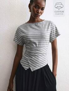 ATUI Studio 女款灰色不對稱下擺上衣－棉質彈性百褶腰 T-shirt，適合夏季海灘休閒早午餐 - 灰色 - 查看 1
