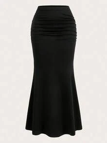 Breezaya Plus Size Solid Black High Waist Side Ruched Slim Fit Mermaid Maxi Skirt Women Summer Casual Going Out - Multicolor - View 5