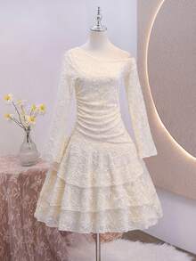 Teen Girl Fall Dresses Fall Asymmetric Neck Long Sleeve Lace Ruffle Hem Dress, Holiday Outfits, Casual, Comfortable - Beige - View 5