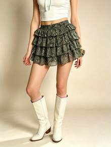 Rina Fox Women's All-Over Print Puff Ruffle Hem Cake Style Skirt, Spring/Summer - Green - View 5