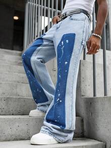 GALLERY FADE Men's Casual Flare Denim Jeans, Splatter Design Loose Wide Leg Jeans, Streetwear Retro Washed Casual Pants - Blue - View 3