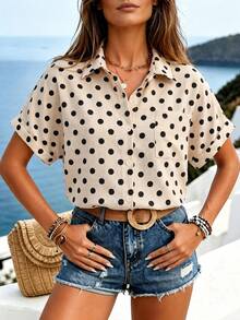 Breezaya Damen Polka Dot Kurzarm Einreiher Lässig Tasche Hemd - Aprikosenfarben - Übersicht 1