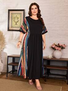 Lacomfia Vestido casual de mujer para primavera/verano con rayas de colores contrastantes, manga corta, talla grande - Negro - Ver 6