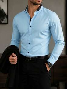 Manfinity Mode Men's Casual Business Contrast Trim Front Button Long Sleeve Shirt, Formal - Baby Blue - View 1