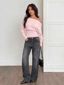 SHEIN PETITE 3D花朵不對稱單肩米色秋冬浪漫寬鬆針織毛衣 - 粉色 - 查看 6