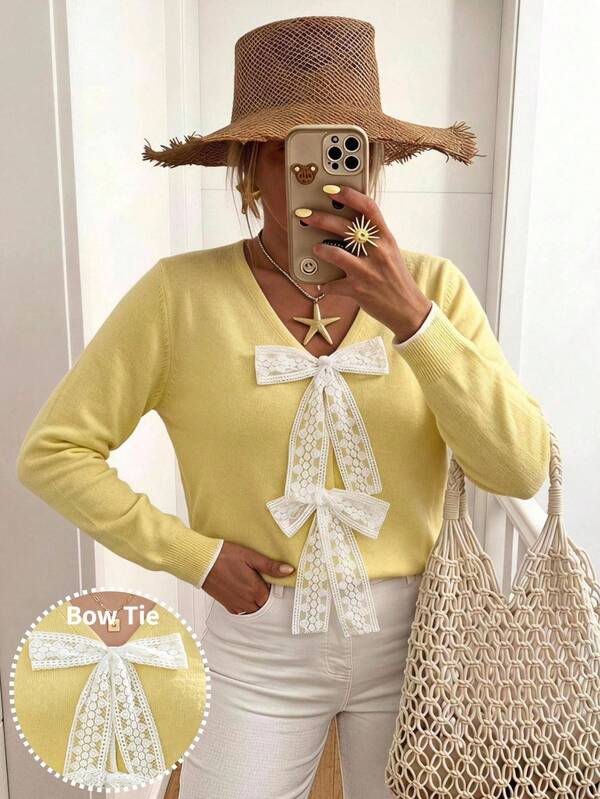 Vivid Eden Plus Size Women's Contrast Lace Front Knot Long Sleeve Knit Cardigan,Bow Sweater,Lace Bow Knit Cardigan,Elegant Cardigan,Women Fall Winter Sweater