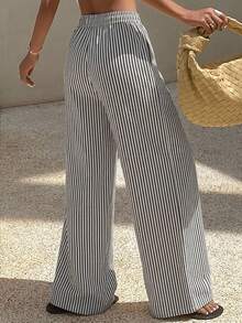 Sandy Gomes Women's Striped Wide Leg Pants With Drawstring Waist For Casual Wear Summer - Black and White - View 14