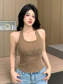 DAZY 女款休閒 Y2K 性感科技風水洗掛脖綁帶牛仔上衣，夏季夜店外出電音節穿搭，咖啡棕色 - 卡其色 - 查看 5