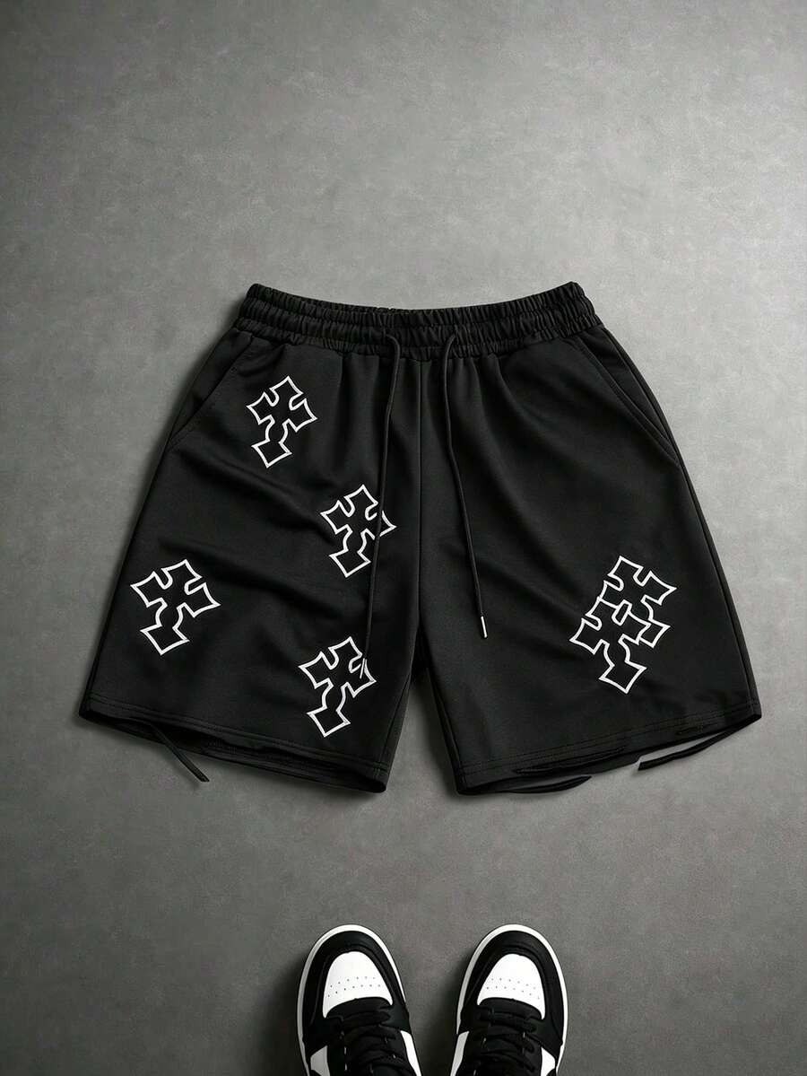 ROMWE MEN Street Life Men's Drawstring Waist Cross Pattern Casual Daily Shorts - Black - View 1