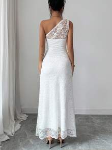 SHEIN Raffinéa Women's Elegant Romantic Lace Asymmetrical Shoulder Design Metal Flower Decor Bodycon Mermaid Dress Wedding Dinner Cocktail White Summer - White - View 3