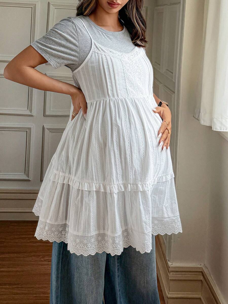 DAZY 對比蕾絲長版可愛百搭層搭白色春夏秋孕婦背心與細肩帶背心 - 白色 - 查看 1