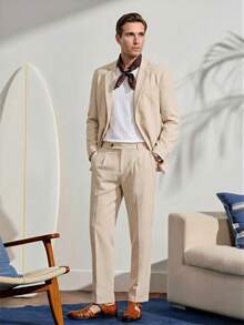 VeloEdit Apricot Men's Solid Color Business Suits, Including Jacket And Trousers, Brown, Two Pieces Beige Khaki Summer Cream Casual Champagne Suitable For - Apricot - View 2