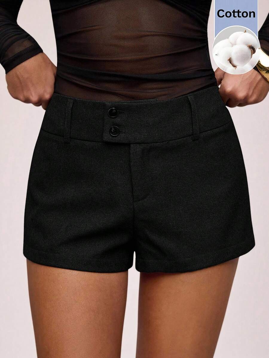 SHEIN BAE 女款純色雙排扣半開襟休閒百搭短褲 - 黑色 - 查看 1