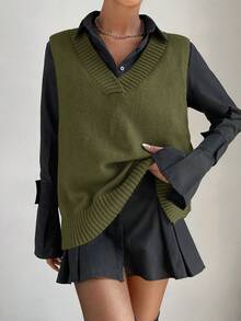 SHEIN PariChic 女款純色V領側開衩下擺休閒針織背心 - 綠色 - 查看 6