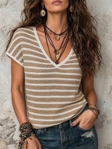 LUMIGAL Horizontal Striped V-Neck Trimmed Cuff Short Sleeve Fitted Knit Top - Multicolor - View 3