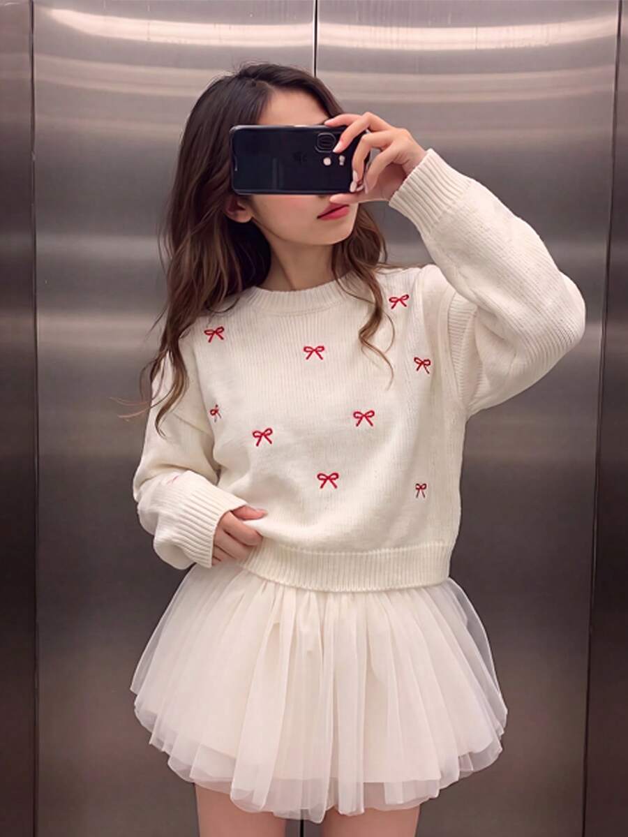 SHEIN Genkimix Kids Fashion Casual Sweet Bow Pullover Sweater For Girls - Multicolor - View 1