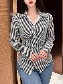 SHEIN 女款純色長袖裹身式襯衫，春秋女式襯衫 - 黑色 - 查看 6