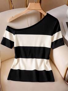 GlowEve Women's Black & White Striped Casual Commute Asymmetric Shoulder T-Shirt - Multicolor - View 2