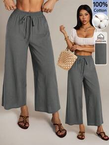 SHEIN PETITE 女款休閒純色寬鬆長褲，適合度假穿著 - 灰色 - 查看 1