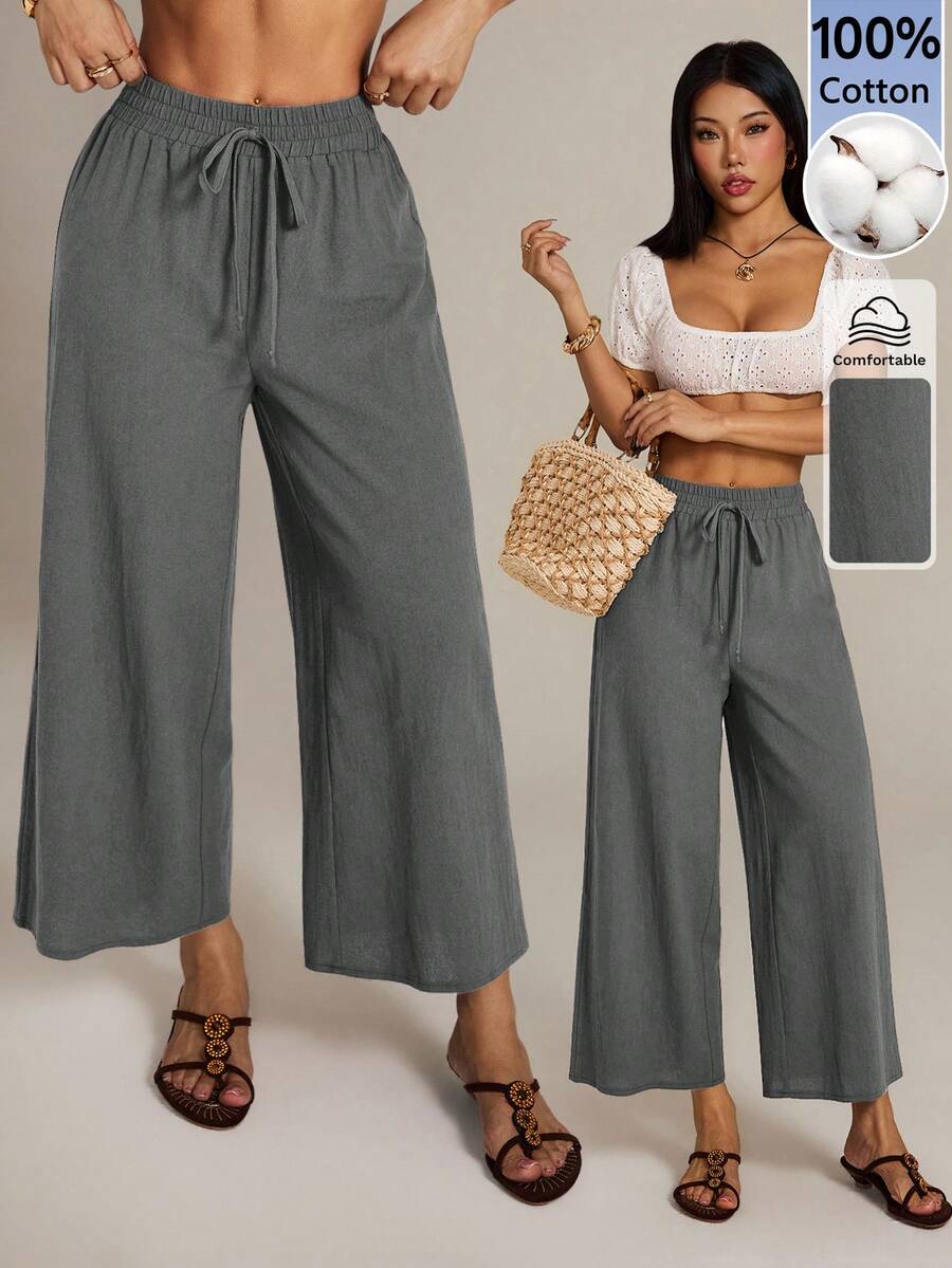 SHEIN PETITE 女款休閒純色寬鬆長褲,適合度假穿著 - 灰色 - 查看 1