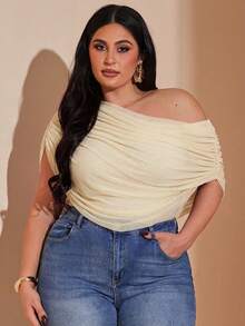 SHEIN BAE Body de mujer talla grande con hombro asimétrico y cuello con volantes para primavera y verano - Albaricoque - Ver 3