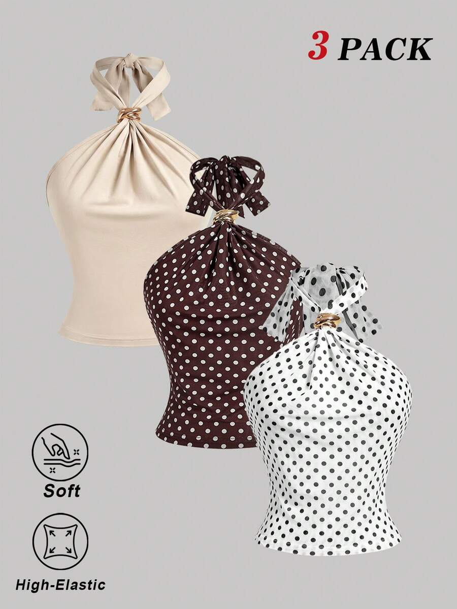SHEIN MOD 3件組女款金屬裝飾掛脖背心上衣 - 彩色 - 查看 1