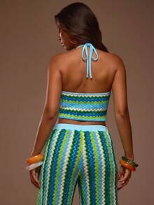 MUSERA Beaded Detail Textured Light Blue Fitted Triangle Halterneck Top Coord Top Only Summer Spring Beach Boho - Blue - View 2