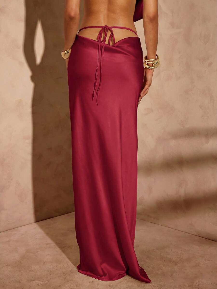 Hauture Women's Summer Sexy Night Out Ibiza Party Wedding Burgundy Satin Low Drape Back Detail Maxi Skirt - Burgundy - View 1
