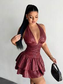 SHEIN SXY 女款掛脖綁帶抓皺性感約會迷你洋裝 - 酒紅色 - 查看 3