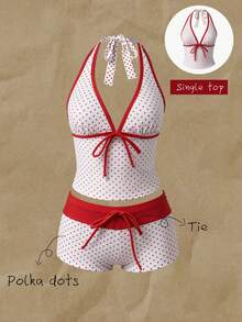 Elavelle Chic Polka Dot Halter Neck Tankini Set With Knot Front And Short Bottoms Multicolor - Multicolor - View 1