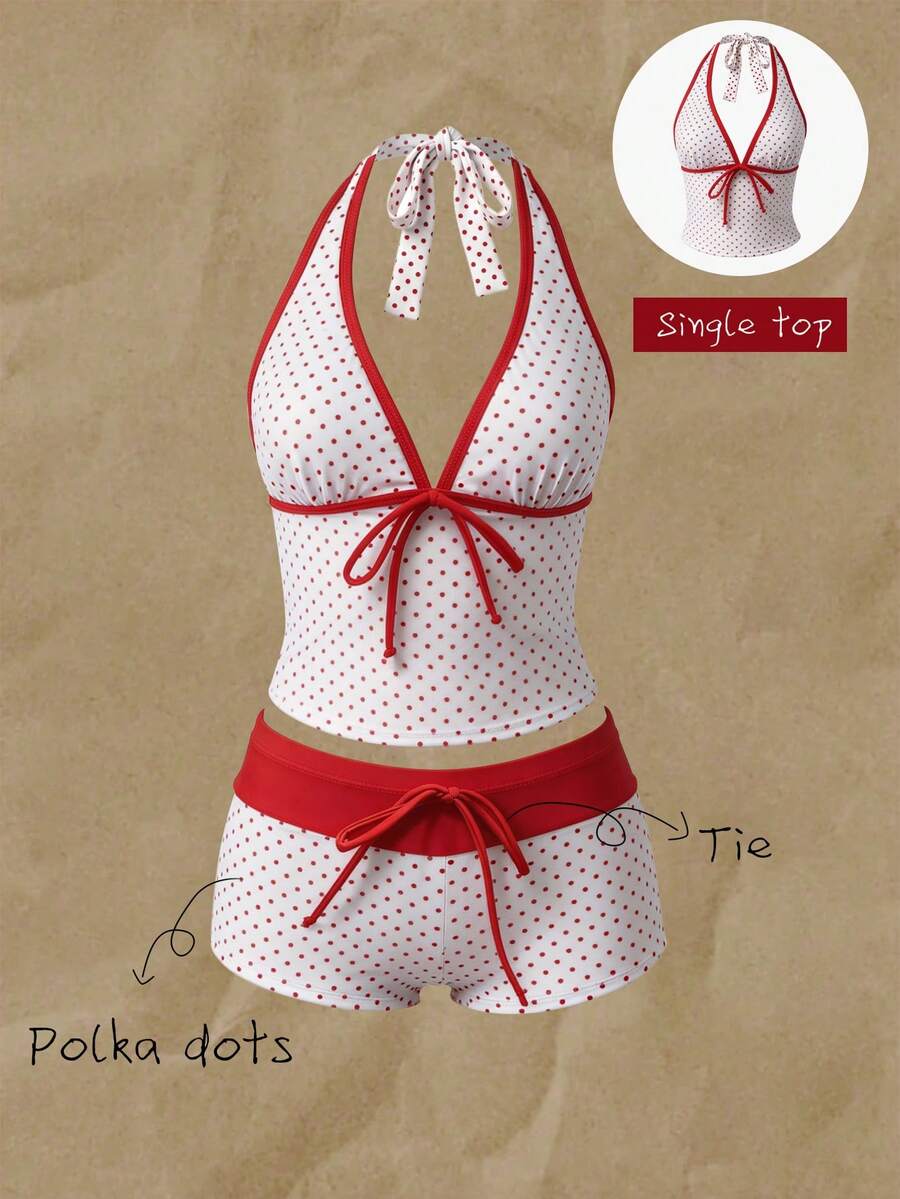 Elavelle Chic Polka Dot Halter Neck Tankini Set With Knot Front And Short Bottoms Multicolor - Multicolor - View 1
