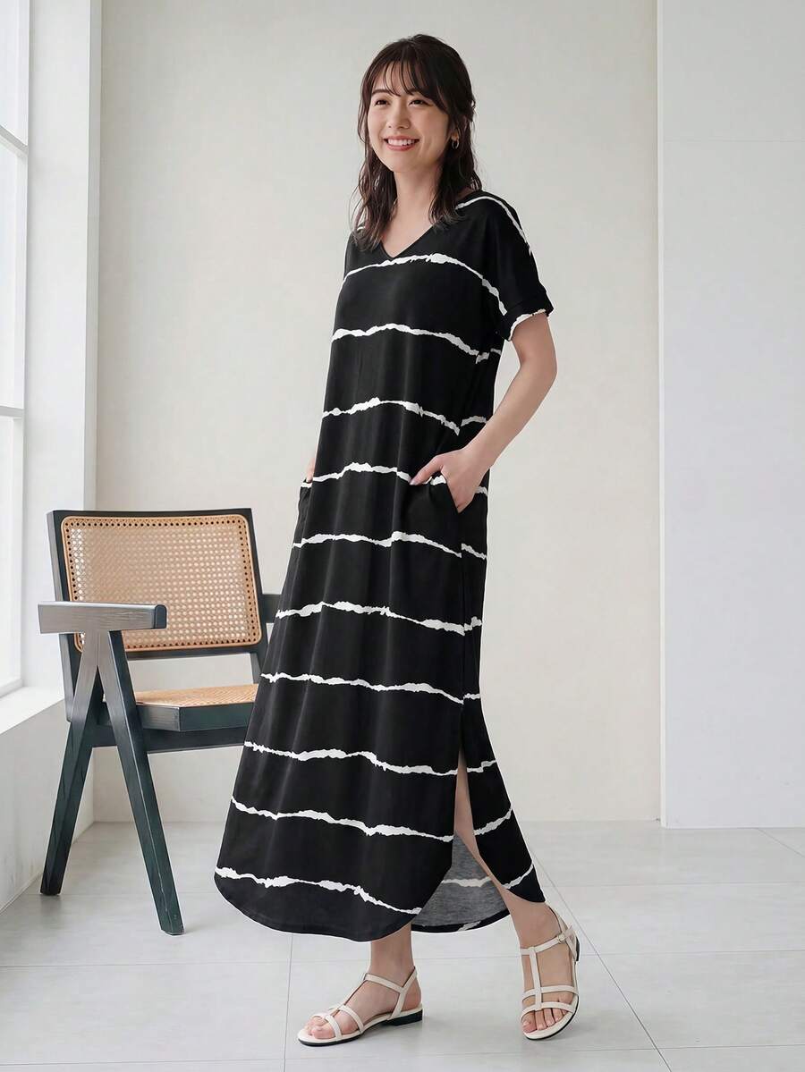 Yumoku 條紋圖案蝙蝠袖弧形下擺連衣裙 - 黑色 - 查看 1