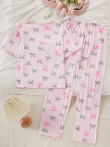 青少年女孩蝴蝶結印花圓領上衣與荷葉邊飾休閒長褲居家服套裝 - 粉色 - 查看 3