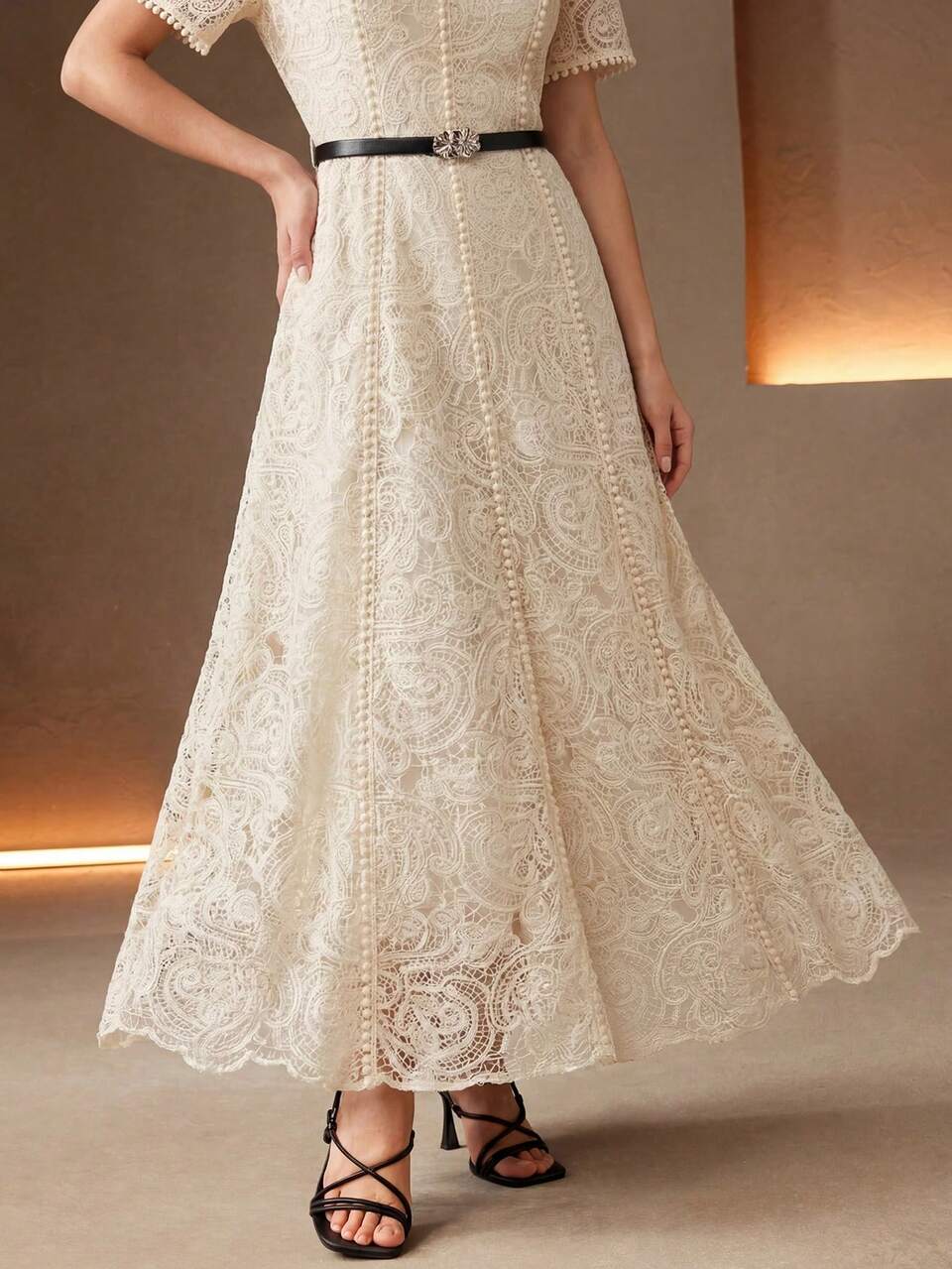 Anewsta Women's New Gentle Elegant Intellectual Heavy Embroidery Cashew Flower Embroidered Small Round Neck Lace Collar Bean Flower Trim Patchwork Short Sleeve Waist-Cinching Long Dress With Sparkling Rhinestone Exquisite Cinched Waist Belt