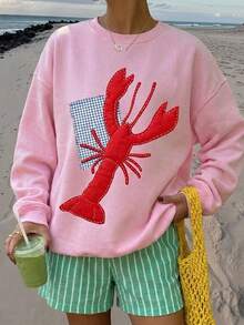 SHEIN EZwear 休閒圓領長袖寬鬆女款衛衣，粉色衛衣，龍蝦印花，度假，夏季，街頭風，適合日常通勤，約會，聚會，秋冬/夏季，派對，婚禮，海灘，畢業典禮，優雅，休閒，外出，Y2K，音樂節，假期，返校 - 粉色 - 查看 7