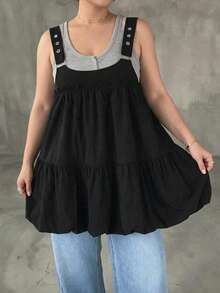 Dazy Plus Solid Color Patchwork Wide Strap Layered Casual Girl Camisole With Tulip Hem Black Versatile Tank Top Cute Tops - Black - View 3