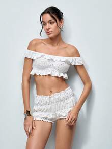 Softvol 2pcs Women White Cropped Top And Shorts Pajama Set, Sleepwear Loungewear - White - View 3