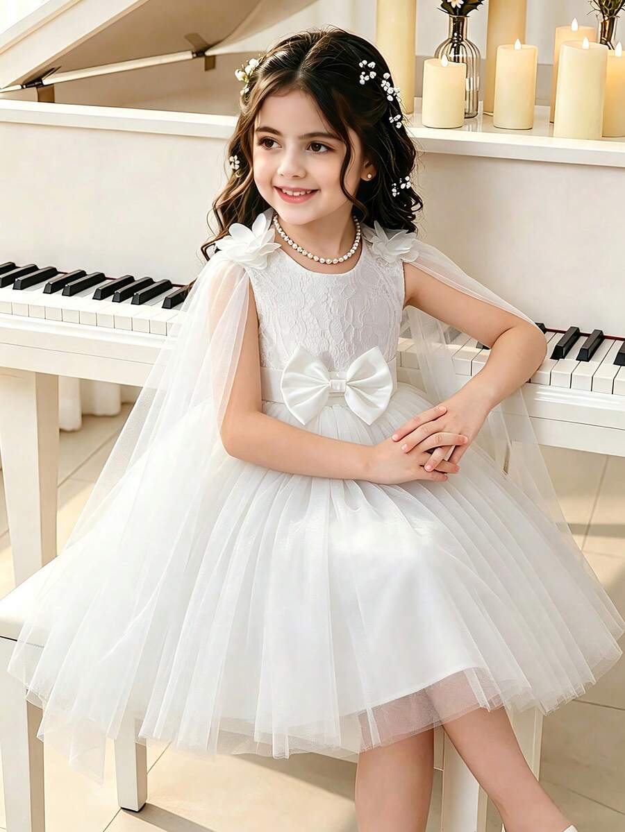 Glamorique Kids 女童白色蝴蝶结装饰派对礼服，公主裙，适合生日、派对、学校活动，3-10岁儿童