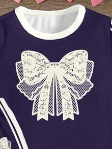 Girls Cute Fresh Minimalist Lace Bow Contrast Color Striped Pattern Basic Short T-Shirt And Flared Pants Set, Comfortable Everyday Outfit - Multicolor - View 3