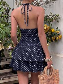 Sunnyshic Women's Black Polka Dot Print Mini Dress, Summer Lace Patchwork V-Neck Halter Tie Back Open Back Cinched Waist Double Layer Ruffle Hem, Elegant Vintage Sweet Romantic Versatile For Vacation Beach Shopping Date - Navy Blue - View 2